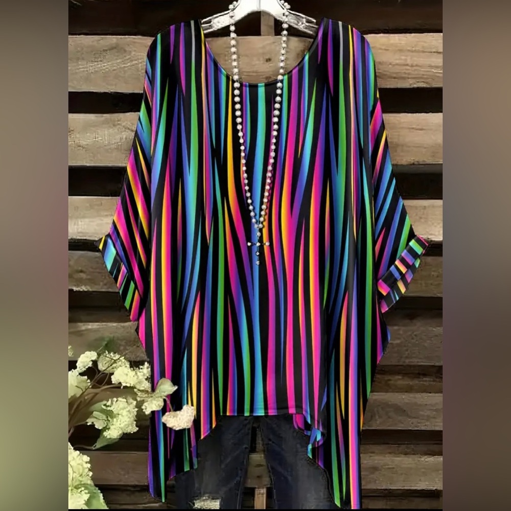 Women’s Black&Bright Stripe ScoopNeck Drop Shoulder Asymmetrical Tunic Top- 1X